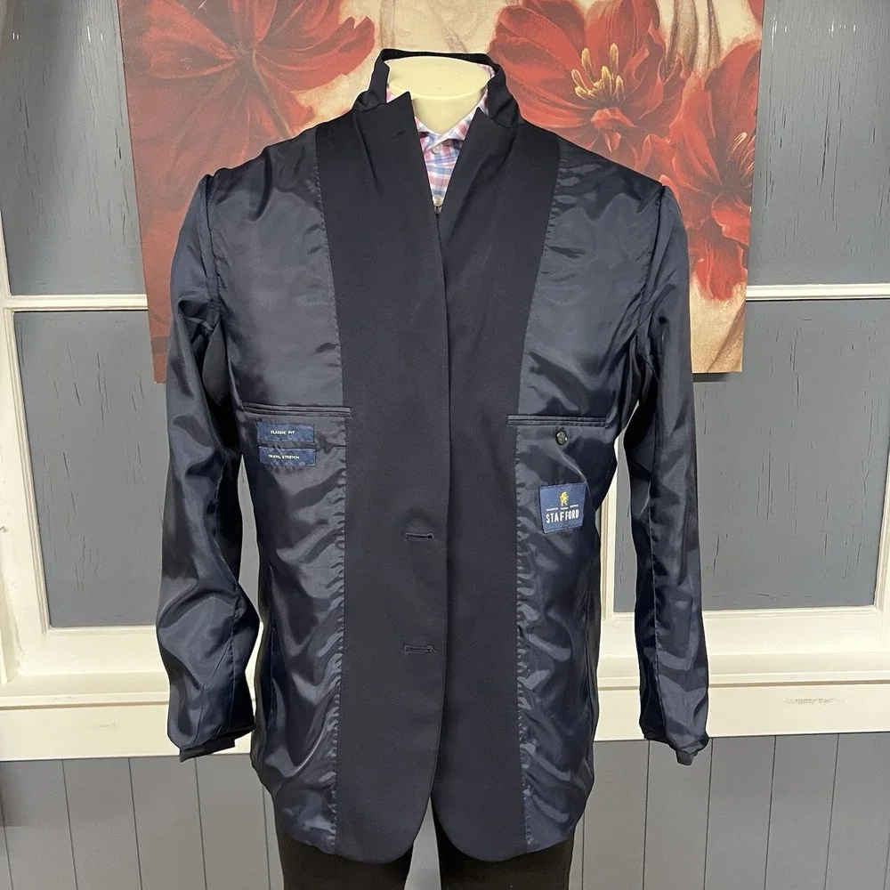 Stafford Blazer Jacket Sport Coat Mens 44R‎ Polyester Blend Stretch Dark Navy